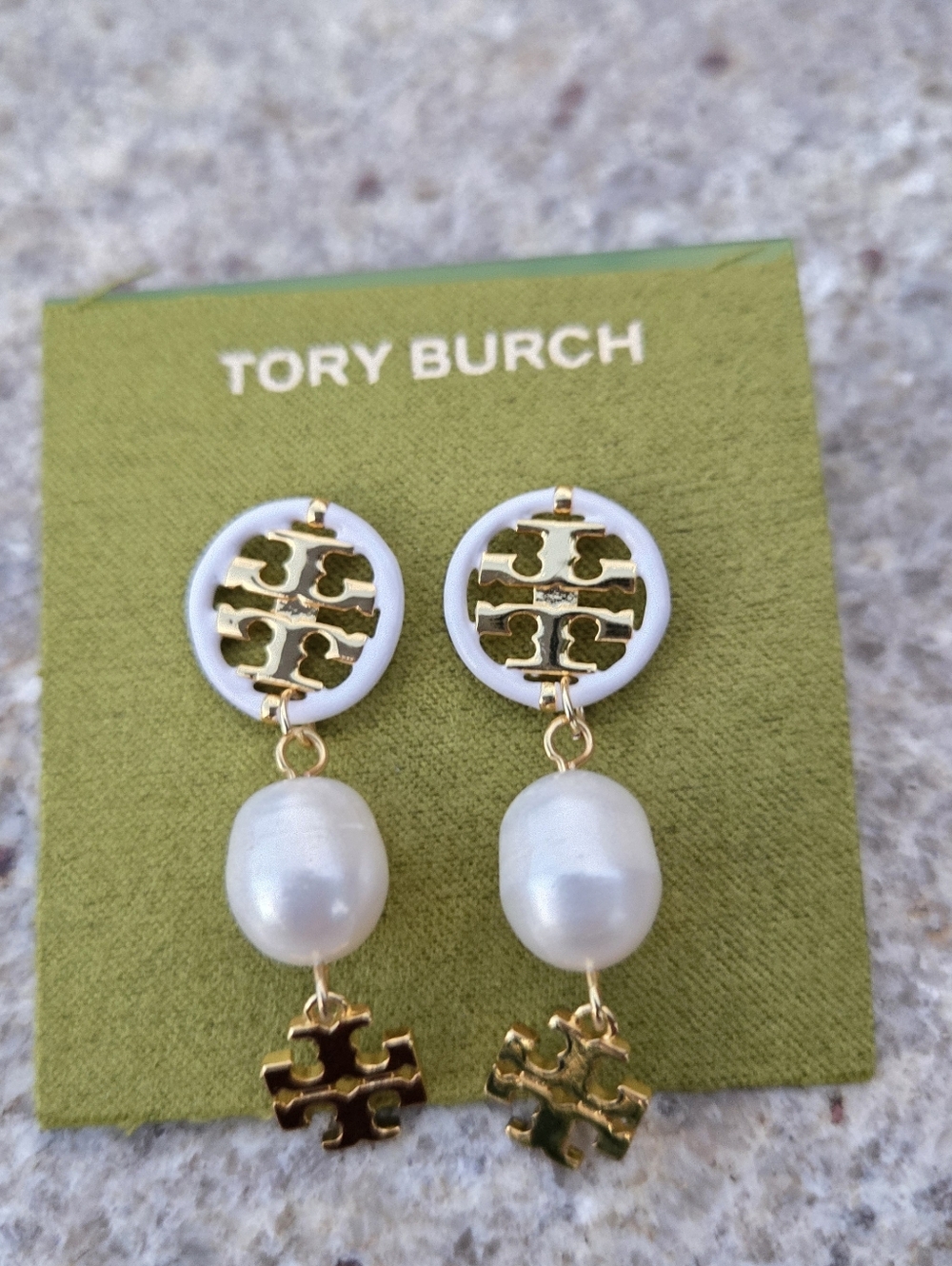 Tory Burch Gold Logo Pearl Drop Earrings